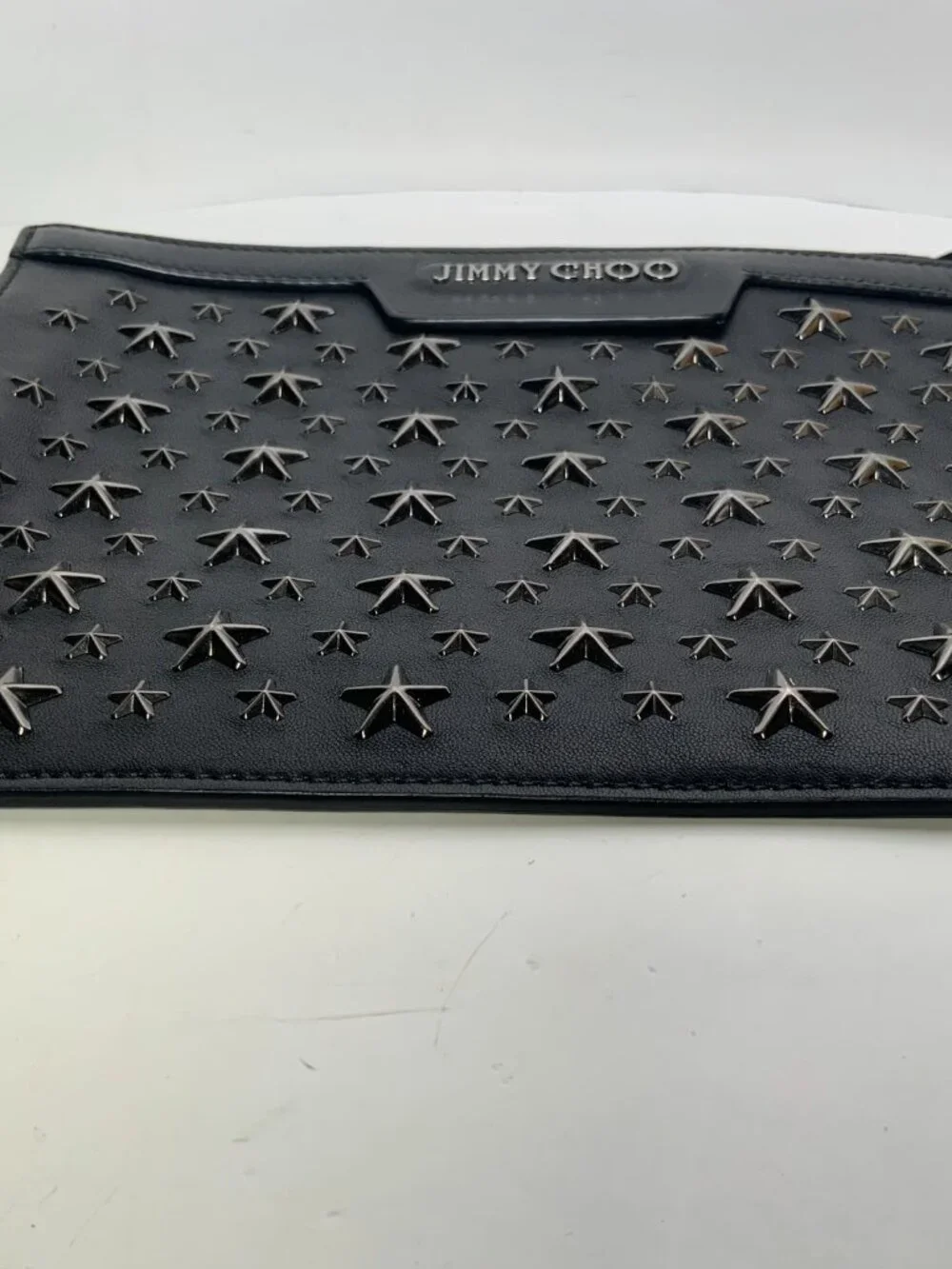 Jimmy Choo Black Leather Star Studded Clutch/Wristlet w/ Silver Accents
